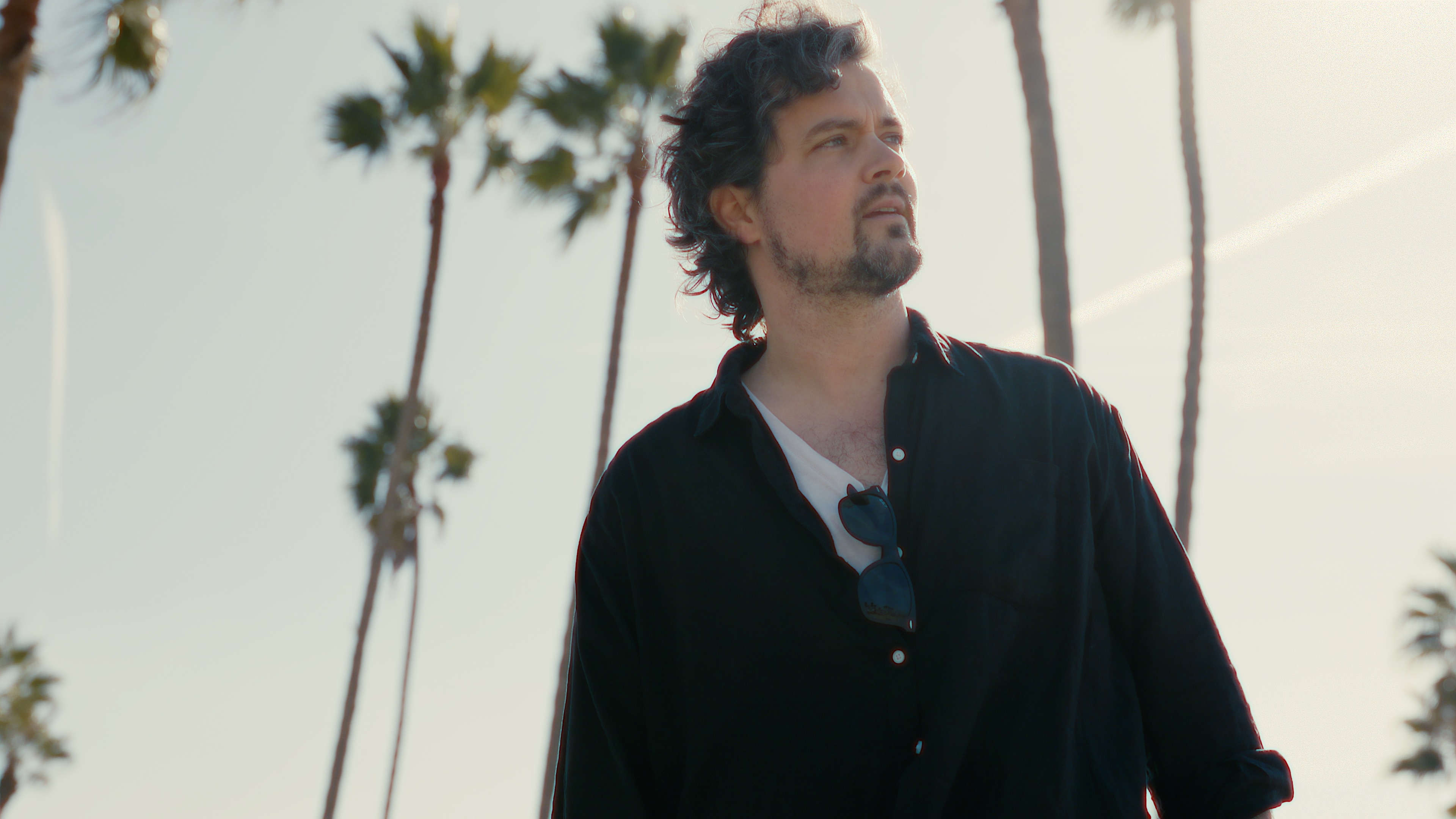 Kingston standing beneath palm trees in cinematic sunlight